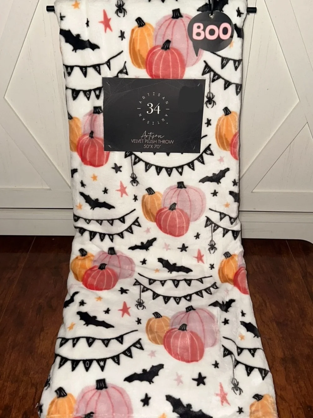Happy Halloween Pink & Orange Pumpkin Velvet Plush Throw Blanket